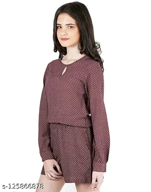 Maroon rayon jumpsuit with magnetic designs, long sleeves, suitable for casual wear, size S