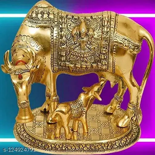 Golden Kamdhenu Statue - Hand-painted polyresin figure of Laxmi Marble Kamdhenu Cow with Calf, import quality