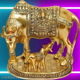 Golden Kamdhenu Statue - Hand-painted polyresin figure of Laxmi Marble Kamdhenu Cow with Calf, import quality