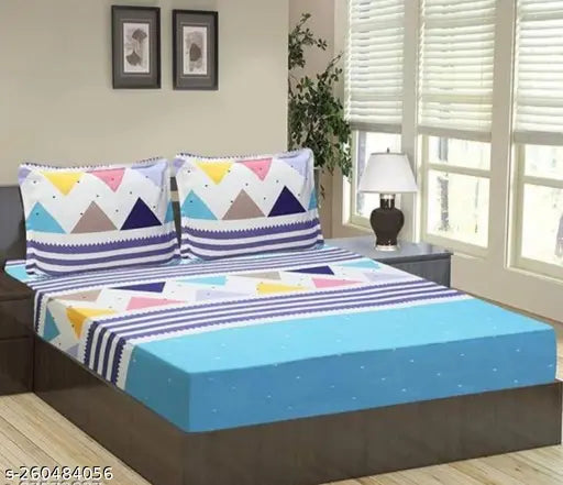 Attractive Glace cotton fitted queen bedsheet & pillow covers, 100% cotton with elastic border, perfect for summer, 180 thread count, hand/machine washable