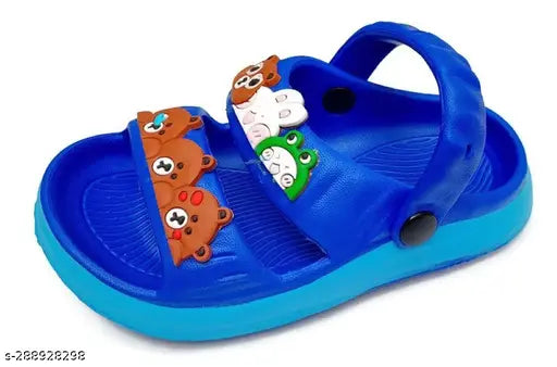 Blue sandals with playful brown cartoon animal foot decorations and a single toe separator