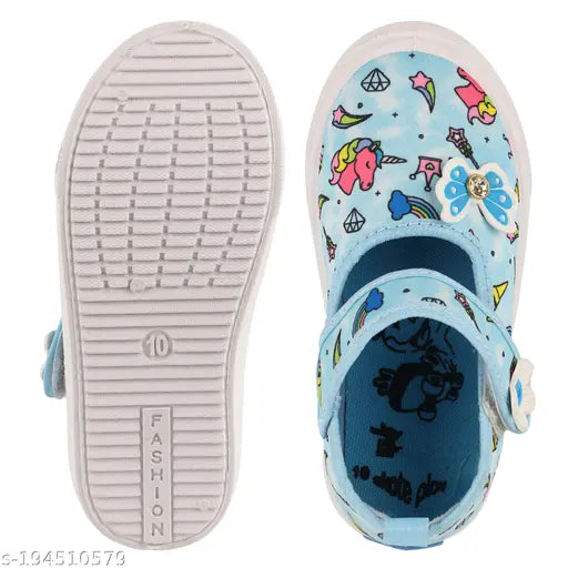 Blue Velcro Ballerinas for Girls: Canvas sole, PVC print, LEVOT ENA=SKY design