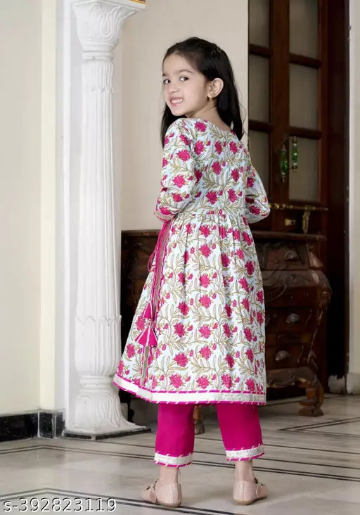 Pink rayon ethnic floral top, three-quarter sleeves, printed design, for 5-6, 7-8, 9-10, or 11-12 year old girls, Indian origin