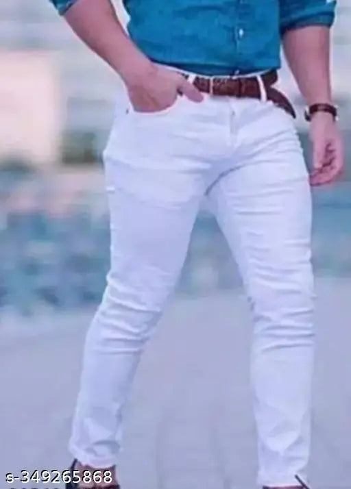Cotton blend plain white jeans for men, solid style, size 28, 30, or 32, made in India