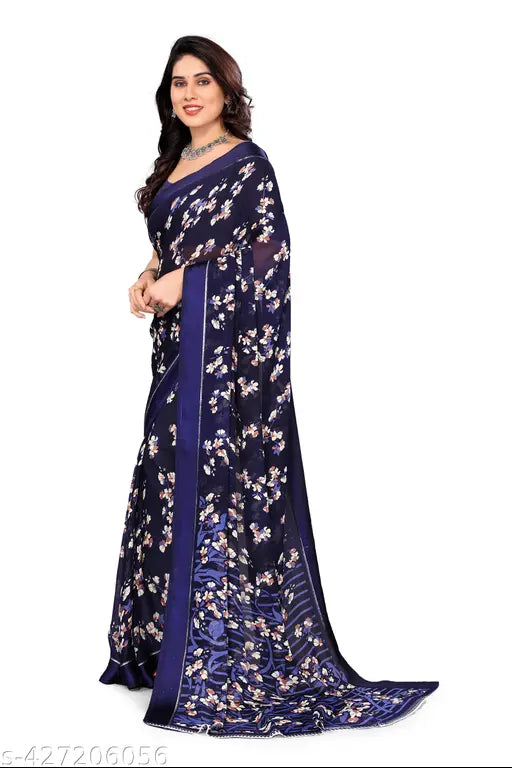 Moss chiffon saree with silver border, perfect for party wear, free size (5.5m x 0.8m), Indian origin