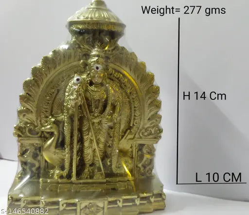 Gold-colored poly resin Murugan idol statue, highly detailed with intricate designs, perfect for home decor or gifting. Dimensions: 1.5 cm (L) x 1.5 cm (H) x 1.5 cm (B). Indian handcraft by Rishi Crafts