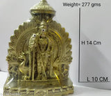 Gold-colored poly resin Murugan idol statue, highly detailed with intricate designs, perfect for home decor or gifting. Dimensions: 1.5 cm (L) x 1.5 cm (H) x 1.5 cm (B). Indian handcraft by Rishi Crafts