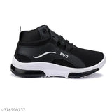 Black running shoe with white sole and laces