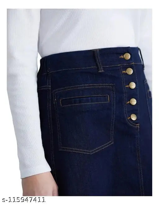 Navy blue denim western skirt, calf length with multiple buttons and pockets, women's fashion accessory on hanger