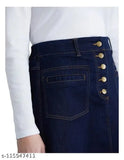 Navy blue denim western skirt, calf length with multiple buttons and pockets, women's fashion accessory on hanger