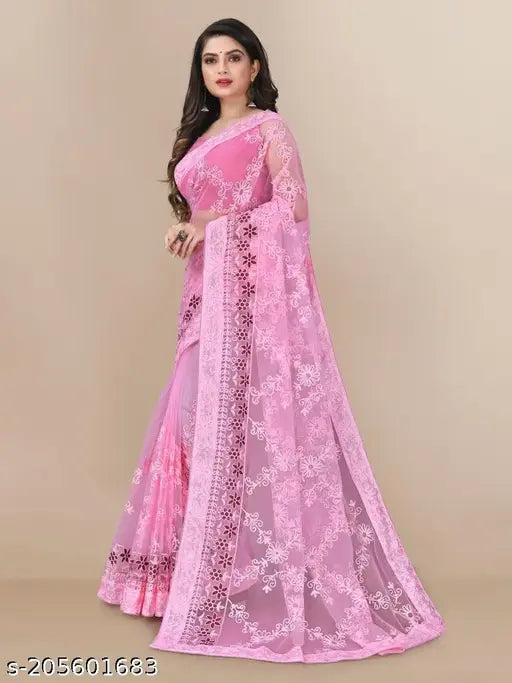 Banarasi silk embroidered saree with net blouse in soft net fabric, free size, Indian origin