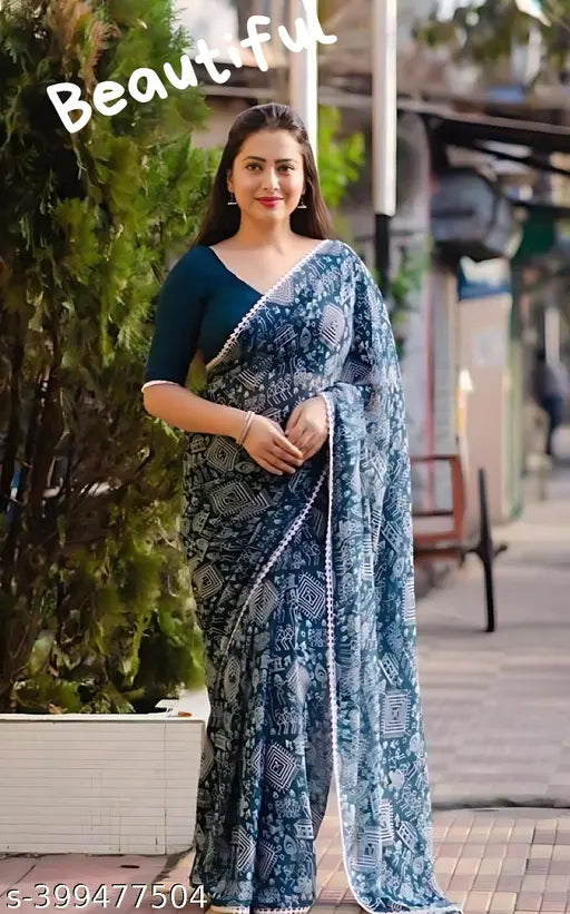 Georgette saree new collection, printed design with chiffon blouse, free size, India