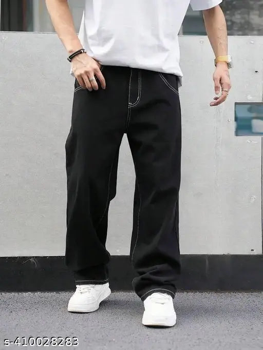 Premium mens baggy black cotton, solid net, high-quality men's casual wear. (Size: 26 or 28 or 30 inches waist and 36 or 37 inches length) Made in India