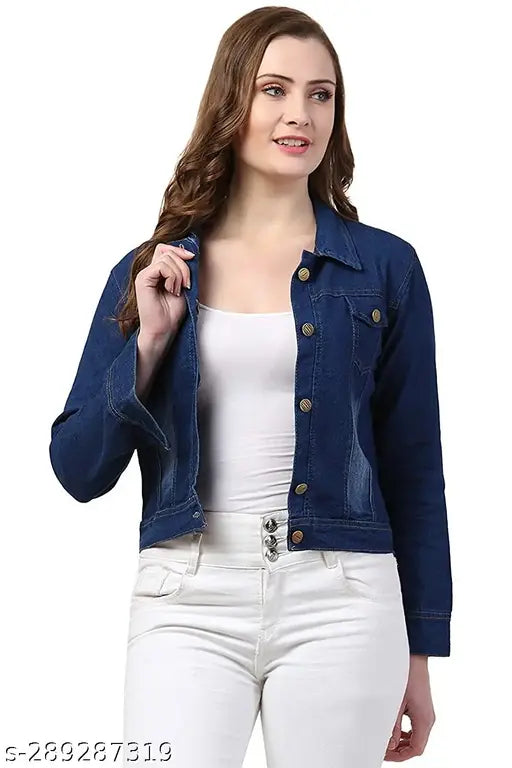 Dark blue denim jacket for women and girls, long sleeves, solid washed, slim fit