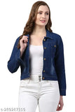 Dark blue denim jacket for women and girls, long sleeves, solid washed, slim fit