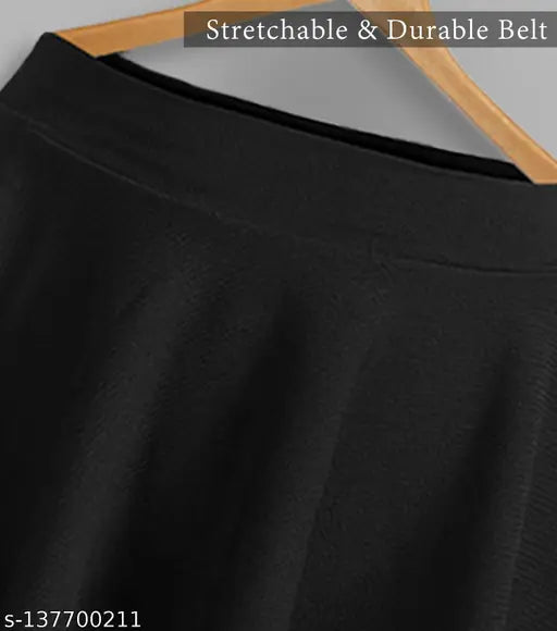 Black polyester flared mini skirt, elasticated waistband, slip-on closure - Western stylish women's skirt for versatile styling options, original Indian brand