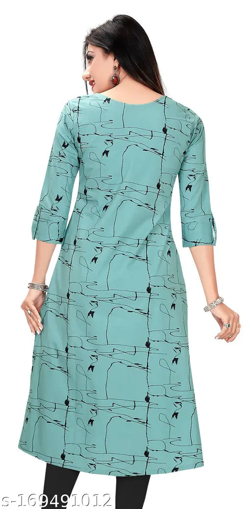 Mint green cotton abstract printed long kurti with front slit and 3/4th sleeves, featuring soft fabric and round neck design - GMK Fashions India