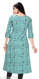 Mint green cotton abstract printed long kurti with front slit and 3/4th sleeves, featuring soft fabric and round neck design - GMK Fashions India
