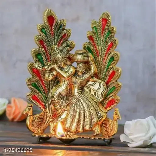 Gold-plated, intricately designed Radha Krishna idol statue with diya peacock design, 20cm metal showpiece for worship and home decor