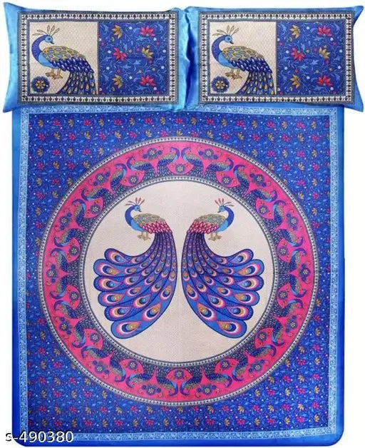 Designer cotton printed single bedsheet, 144 thread count, 87in x 59in, pillow cover 27in x 18in, made in India