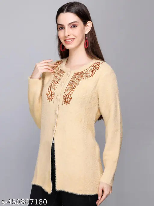 Woolen embroidered net cardigan, long sleeves women's winterwear by eWools, gentle machine washable, India origin