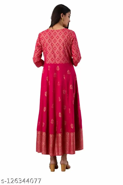 Rayon Anarkali gown with printed combo, three-quarter sleeves, from India. S (34in bust, 42in length), M, L, XL, XXL available