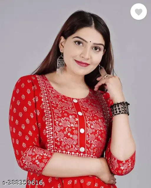 Red anarkali kameez with patterned print