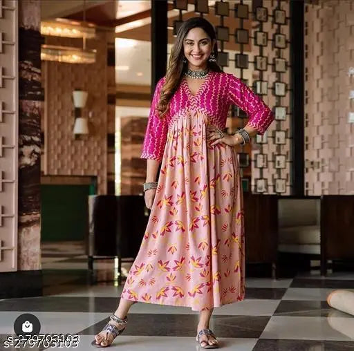 Rayon three-quarter sleeve printed Anarkali kurti for women's ethnic wear, trendy and stylish for parties