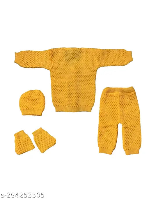 Yellow wool unisex sweater set, self-design net pattern for infants, Made in India