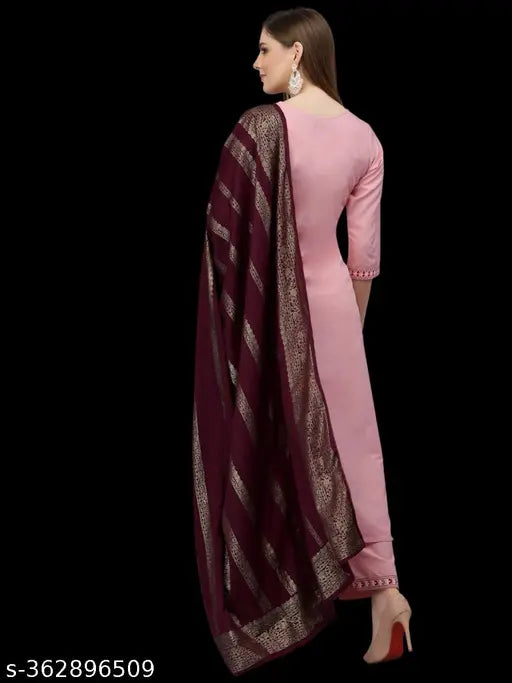 Cotton Aagam Kurta Set, solid pattern with dupatta and bottomwear. Three-quarter sleeve length, stitched net. Sizes S to XXXL for bust measurements from 36in to 46in. Handcrafted Indian clothing set