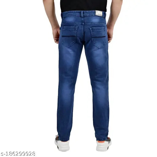 Blue denim jeans VKtrendy, solid pattern, suitable for boys and men. Hand wash only, versatile for various occasions, trendy design by VKreation, affordable quality cargo pants, denim jeans for men, India origin