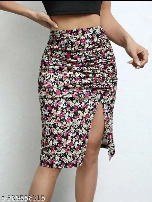 Printed net mid-length skirt for woman, fancy side cut design, available in sizes 26, 28, 30, 32 inches, made from polyester