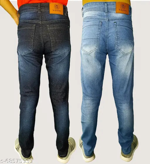 Lightweight denim, light-wash & hard-wash Vaasu men's jeans combo in dyed/washed style. Two pieces available in sizes 28, 30, 34, 36 (waist: 28in, 30in, 34in, 36in; length: 40in). Made in India
