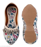 Stylish textile and PVC embroidery work Jutti for kids girls, featuring unique designs, comfortable sole, and slip-on net. Available sizes: 2.5-3 Years (14.5 in), 3-3.5 Years (15 in), 3.5-4 Years (15.5 in), 4-4.5 Years (16 in), 4.5-5 Years (16.5 in), and 5-5.5 Years (17 in). Made in India
