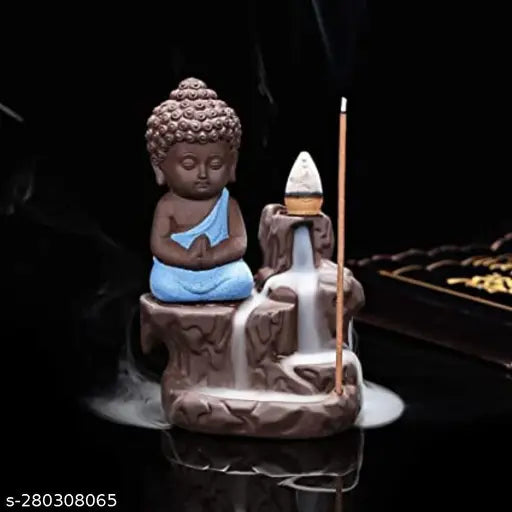 Blue PolyResin Baby Monk Buddha Incense Burner Fountain with 10 Free Cones, multi-color decor for living room or car dashboard