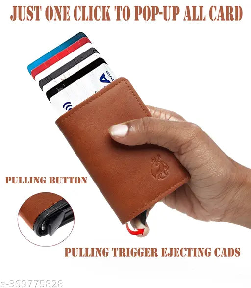 Brown PUAluminum StealODeal RFID Protected Card Holder with 5 compartments, featuring printed design, smart pop-up function, and one-click access. Protects personal information from electronic pick pocketing. Made in India