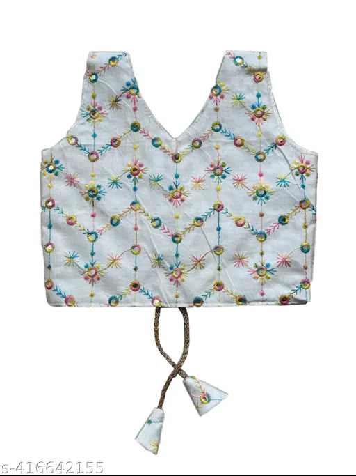 Cotton and net kids' lehena choli with embellished embroidery, suitable for 6-8 years old, Indian tradition wear on display