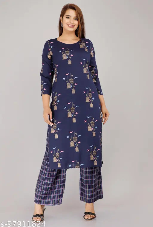 Rayon printed kurta palazzo set for women, three-quarter sleeve rayon kurta with palazzos, Indian rayon fashion on display stand