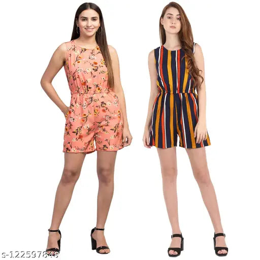Striped & floral sleeveless jumpsuit in superfine poly crepe fabric, XL size with elastic waist and pockets, made by My Swag for casual, festive occasions