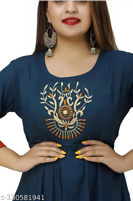 Blue rayon Vaisghali creation embellished with embroidery jal bordar style, red bottom