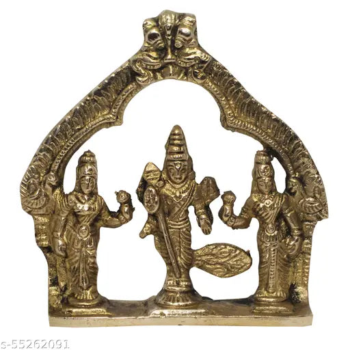 Brass-toned idol statue of Lord Murugan with multiple arms and a trident, ornate detailing