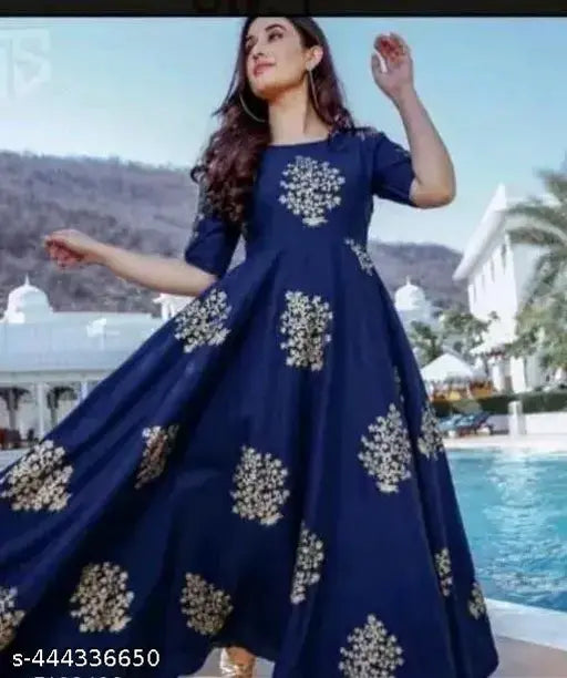 Rayon three-quarter sleeve printed full long gown kurti for women, vibrant pattern on display