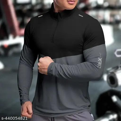 Grey & black colorblocked polyester henley t-shirt for men, full sleeves