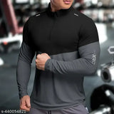 Grey & black colorblocked polyester henley t-shirt for men, full sleeves