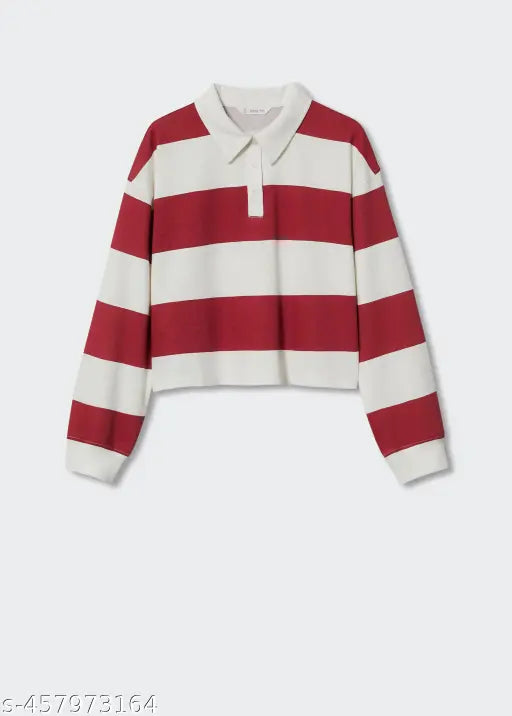 Multicolor striped polo neck, pure cotton women's t-shirt with short sleeves. Vibrant and stylish layered piece