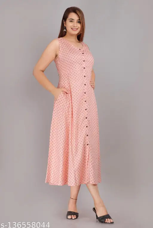 Pink Anarkali dress with printed sleeveless design