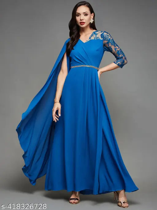 Royal Blue Georgette Maxi Dress, embellished, women's V-neck, asymmetric, short sleeves