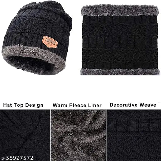 Unisex black-brown woolen beanie cap & neck warmer set (2 caps, 2 neck warmers), textured knit for men, women, and children. Premium quality winter accessories from Bizarro.in