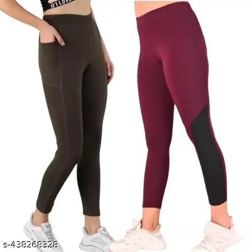 High-waist polyester sports leggings, ankle length, stretchable, solid color, for girls and women, suitable for gym, fitness, yoga, travel, daily chores. Made by NR Sports Gym Wear. Size options: 28, 30, 32, 34, 36, 38, 40, 42 (inches). Origin: India