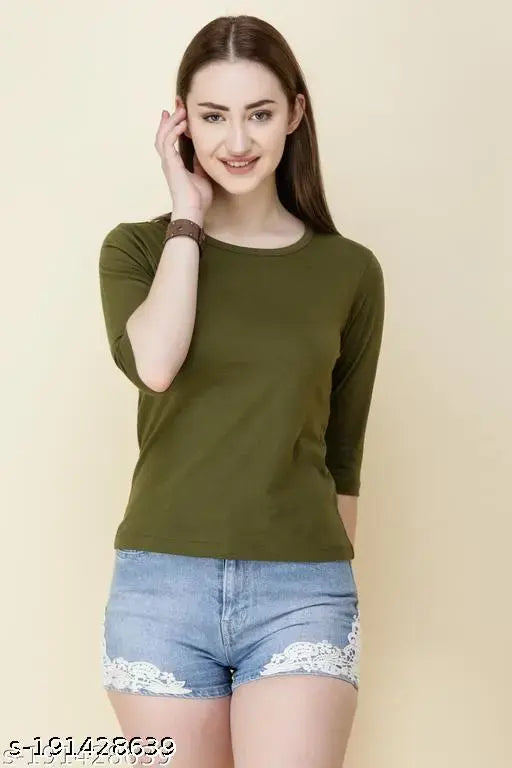 Olive green cotton t-shirt for women | casual three-quarter sleeve top in solid pattern, symbolizing fearless confidence and leadership, made in India